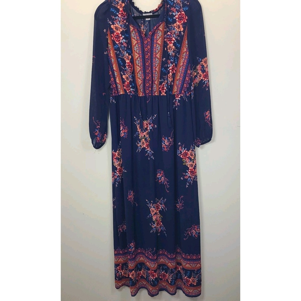 Xhilaration Floral Maxi Dress Womens L Blue Boho CottageCore Long Sleeves - Picture 2 of 6